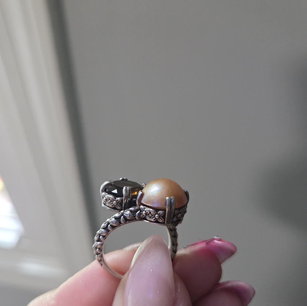 Stephen Dweck Sterling Cognac Quartz & Cultured Pearl Ring - Picture 3 of 11